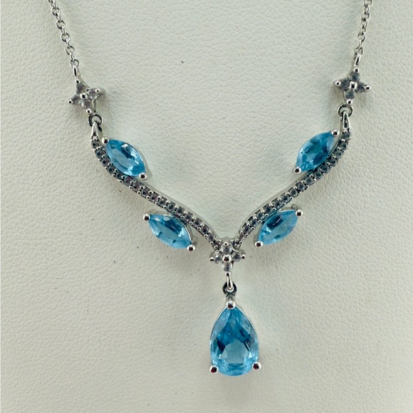 Blue Topaz & White Sapphire Tear Drop Necklace New - Picture 3 of 15